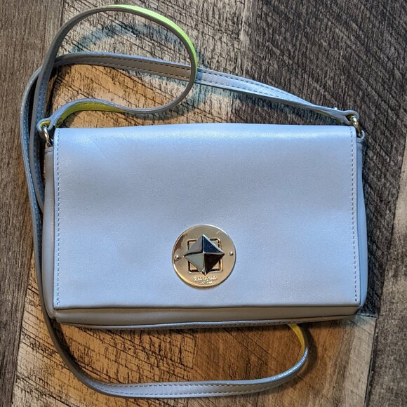 Kate Spade Turnlock Crossbody Bag Grey Yellow Leather Mini Purse - Picture 1 of 9